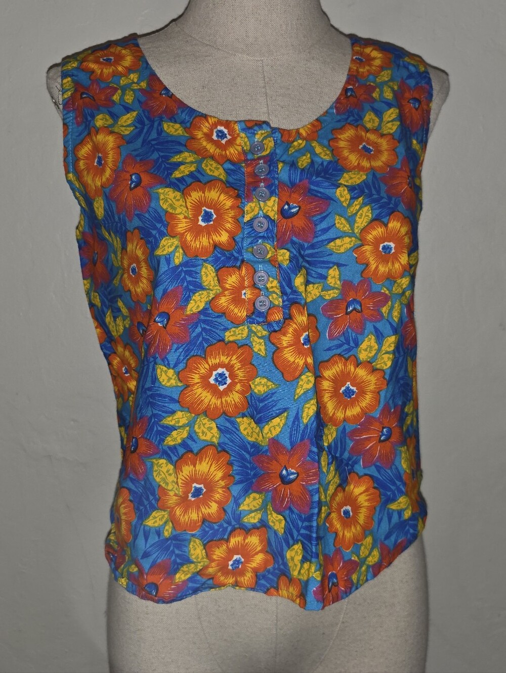 Vintage 1980s 1990s Bright Tropical Floral Print Cotton Henley Tank Top
